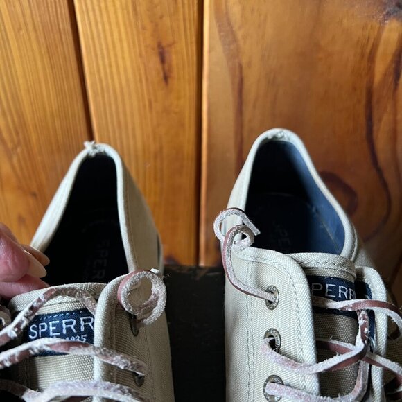 WOMEN'S SPERRY TOP SIDER BOAT SHOES KHAKI CANVAS  LEATHER SHOE STRINGS SZ 7.5 M - Picture 10 of 13